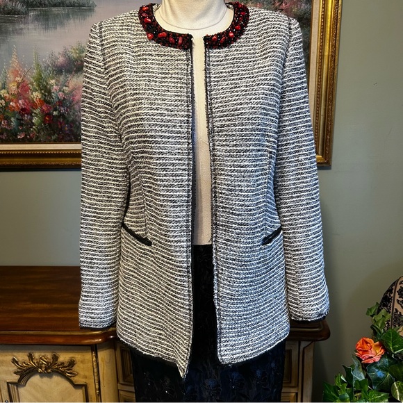 Chico's Black White Silver Tweed Fringe Red Beads Stone Collar Blazer Jacket - Picture 1 of 12